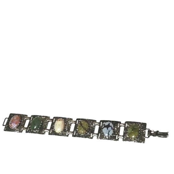 Jewelry - VINTAGE 60s JASPER, AGATE, JADE FILIGREE SILVER-PLATED PANELED 7" BRACELET